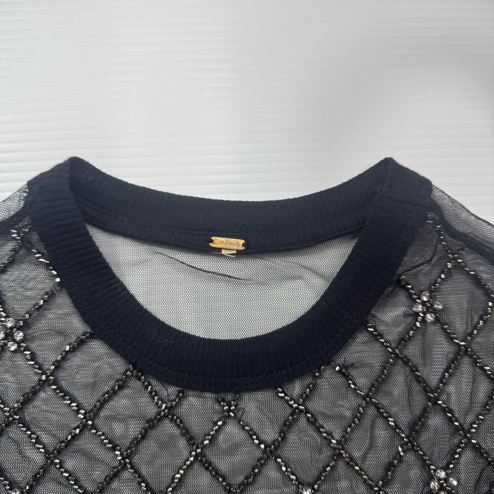 Free People Disco Nights Mesh Beaded Top Black Sheer Rhinestone Festival Unisex - Picture 11 of 16